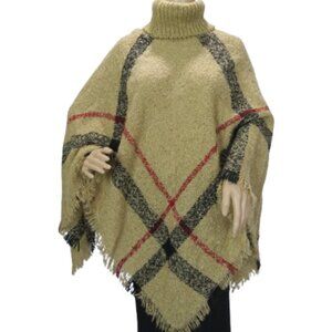 Tan Big Grid Turtleneck Poncho
